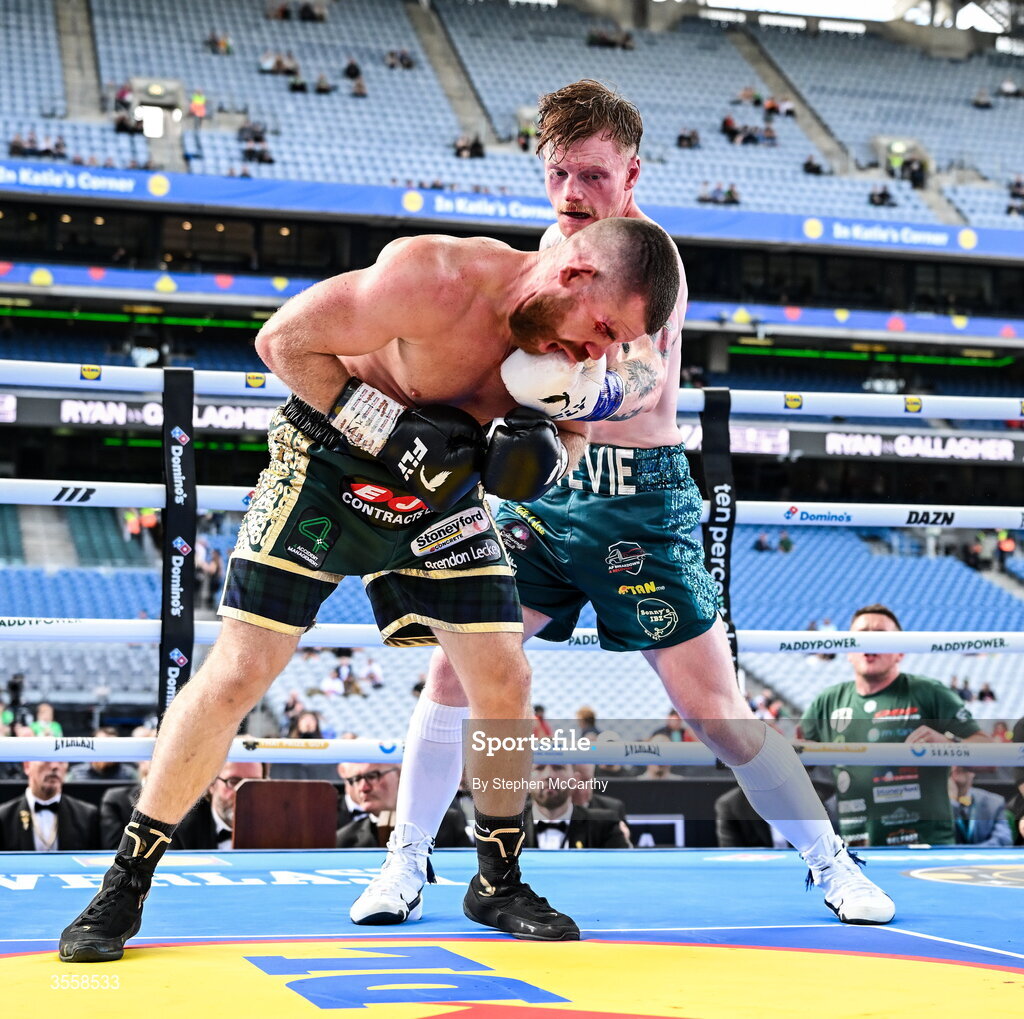 5 September 2026; Paul Ryan, right, and Paddy Gallagher during their middleweight bout at the Once Upon A Time fight night in Croke Park, Dublin. Photo by Stephen McCarthy/Sportsfile