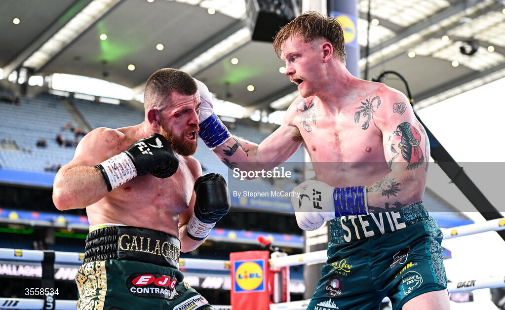 5 September 2026; Paul Ryan, right, and Paddy Gallagher during their middleweight bout at the Once Upon A Time fight night in Croke Park, Dublin. Photo by Stephen McCarthy/Sportsfile