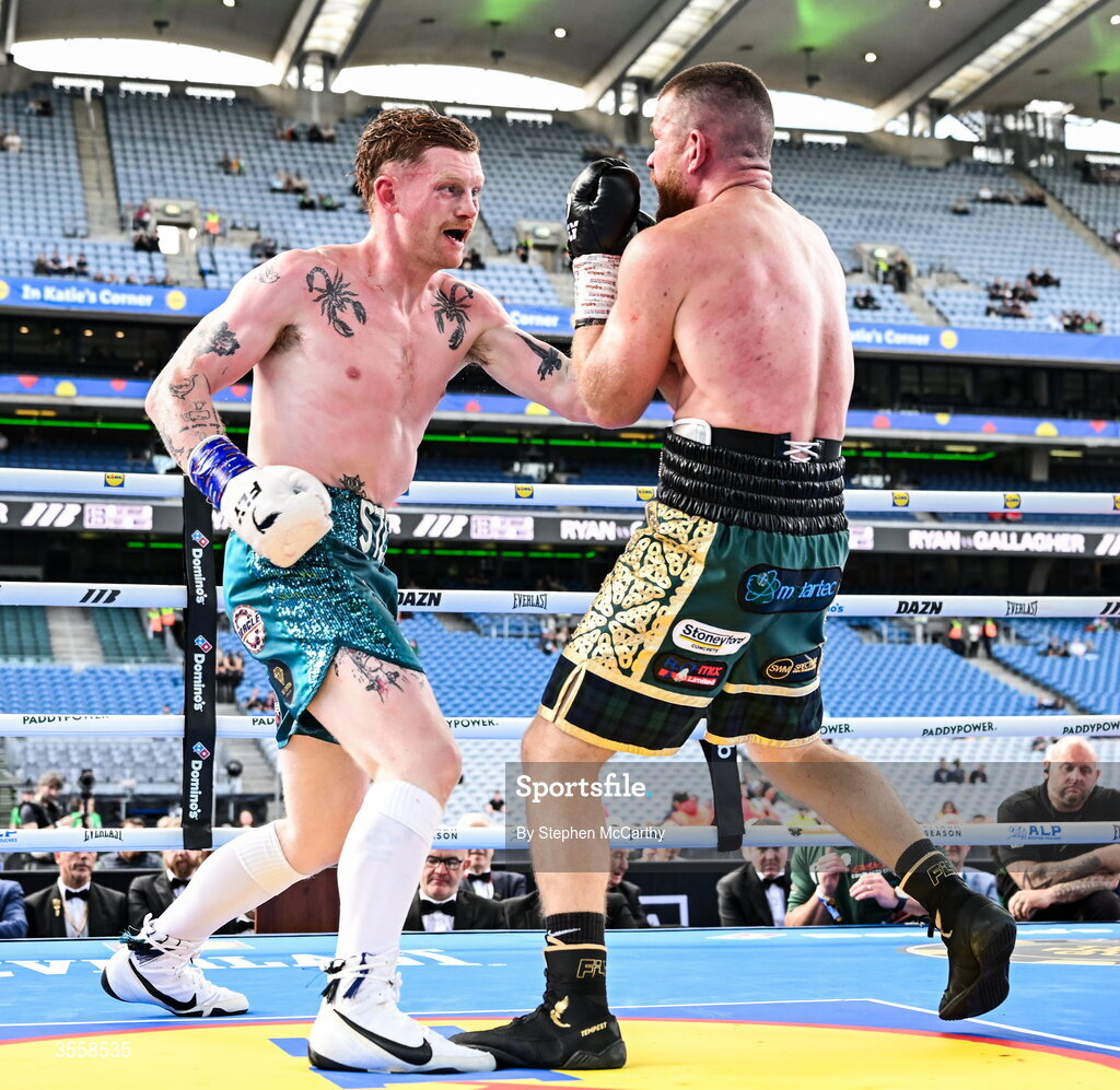 5 September 2026; Paul Ryan, left, and Paddy Gallagher during their middleweight bout at the Once Upon A Time fight night in Croke Park, Dublin. Photo by Stephen McCarthy/Sportsfile