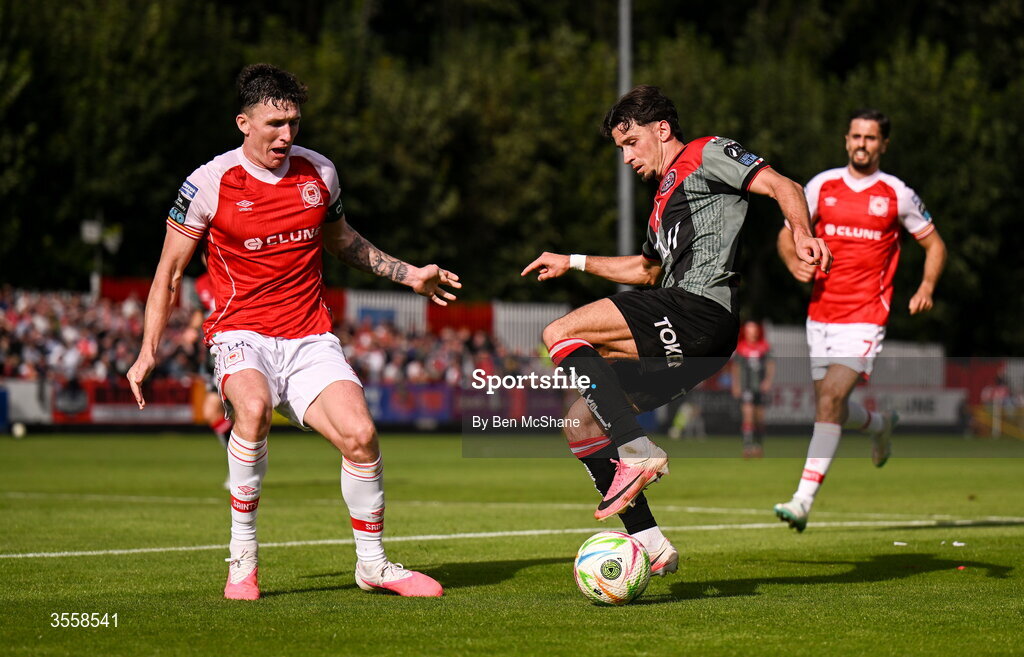 5 September 2026; Connor Parsons of Bohemians in action against Joe Redmond of St Patrick's Athletic during the Club Orange Men’s FAI Cup quarter-final match between St Patrick's Athletic and Bohemians at Richmond Park in Dublin. Photo by Ben McShane/Sportsfile