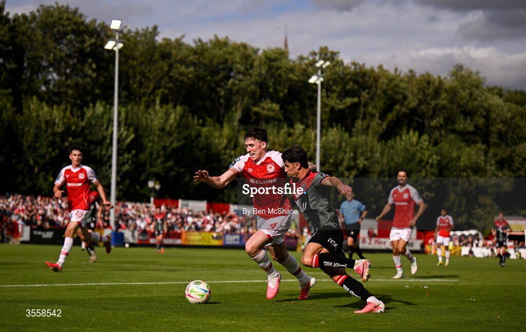 5 September 2026; Connor Parsons of Bohemians in action against Joe Redmond of St Patrick's Athletic during the Club Orange Men’s FAI Cup quarter-final match between St Patrick's Athletic and Bohemians at Richmond Park in Dublin. Photo by Ben McShane/Sportsfile