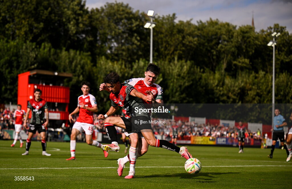 5 September 2026; Connor Parsons of Bohemians in action against Joe Redmond of St Patrick's Athletic during the Club Orange Men’s FAI Cup quarter-final match between St Patrick's Athletic and Bohemians at Richmond Park in Dublin. Photo by Ben McShane/Sportsfile