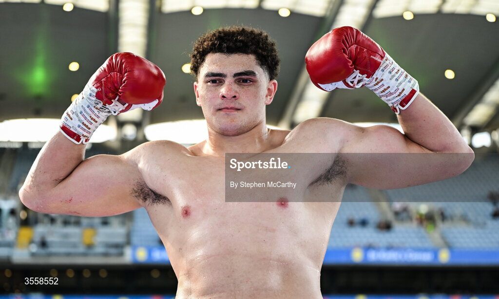 5 September 2026; Adam Olaniyan celebrates after being declared victorious in the first round in his heavyweight bout with Matej Hudak at the Once Upon A Time fight night in Croke Park, Dublin. Photo by Stephen McCarthy/Sportsfile