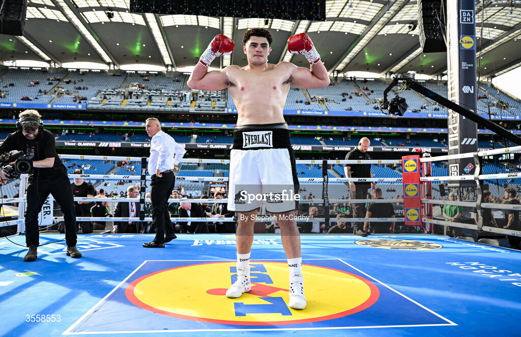 5 September 2026; Adam Olaniyan celebrates after being declared victorious in the first round in his heavyweight bout with Matej Hudak at the Once Upon A Time fight night in Croke Park, Dublin. Photo by Stephen McCarthy/Sportsfile