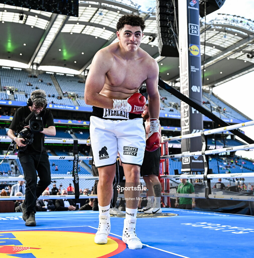 5 September 2026; Adam Olaniyan celebrates after being declared victorious in the first round in his heavyweight bout with Matej Hudak at the Once Upon A Time fight night in Croke Park, Dublin. Photo by Stephen McCarthy/Sportsfile