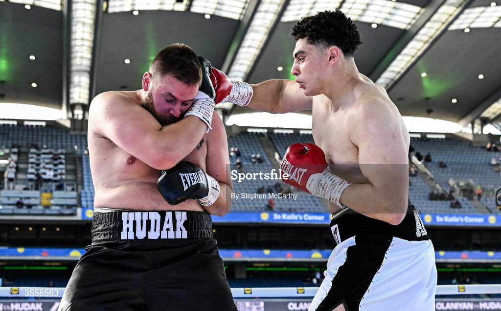 5 September 2026; Adam Olaniyan, right, and Matej Hudak during their heavyweight bout at the Once Upon A Time fight night in Croke Park, Dublin. Photo by Stephen McCarthy/Sportsfile