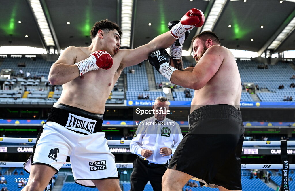 5 September 2026; Adam Olaniyan, left, and Matej Hudak during their heavyweight bout at the Once Upon A Time fight night in Croke Park, Dublin. Photo by Stephen McCarthy/Sportsfile