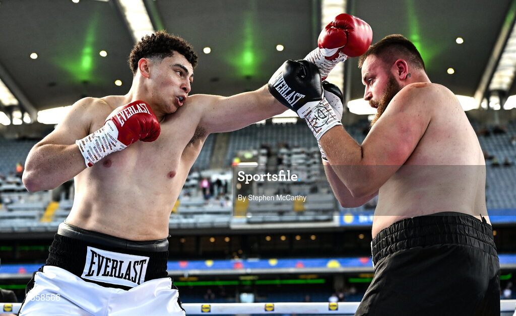 5 September 2026; Adam Olaniyan, left, and Matej Hudak during their heavyweight bout at the Once Upon A Time fight night in Croke Park, Dublin. Photo by Stephen McCarthy/Sportsfile