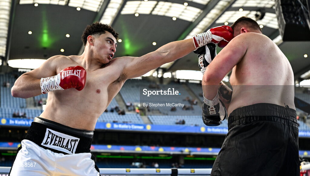 5 September 2026; Adam Olaniyan, left, and Matej Hudak during their heavyweight bout at the Once Upon A Time fight night in Croke Park, Dublin. Photo by Stephen McCarthy/Sportsfile