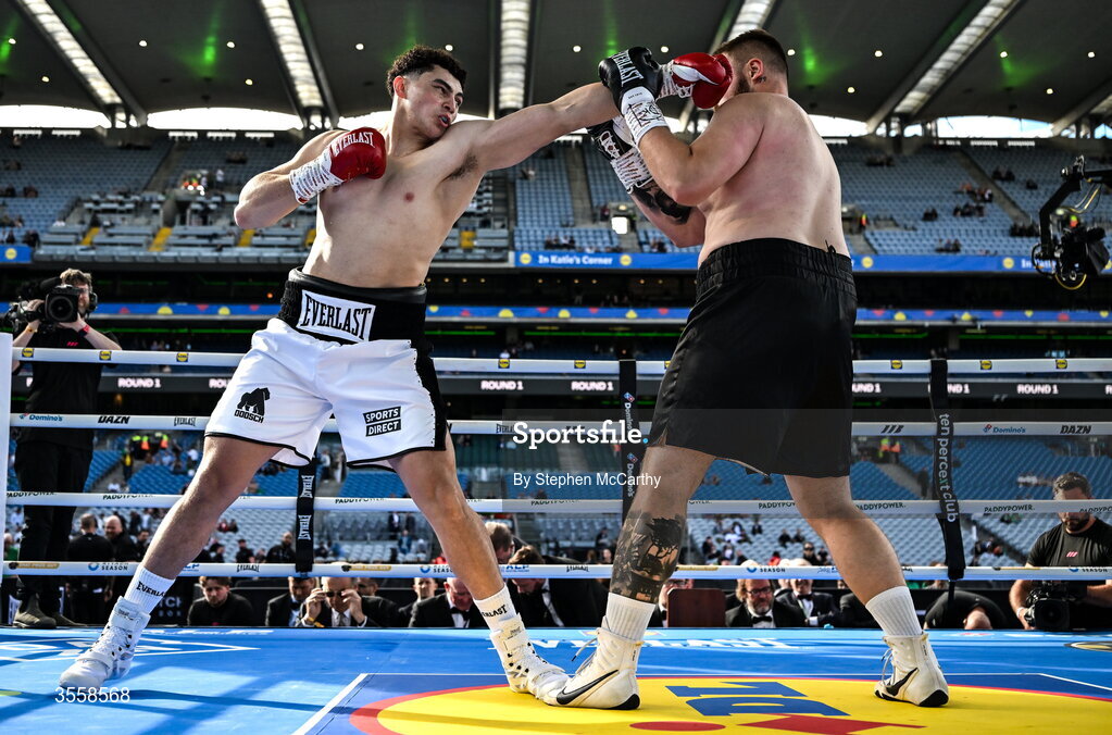 5 September 2026; Adam Olaniyan, left, and Matej Hudak during their heavyweight bout at the Once Upon A Time fight night in Croke Park, Dublin. Photo by Stephen McCarthy/Sportsfile