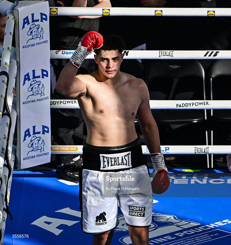 5 September 2026; Adam Olaniyan celebrates after being declared victorious in his heavyweight bout with Matej Hudak at the Once Upon A Time fight night in Croke Park, Dublin. Photo by Piaras O Midheach/Sportsfile