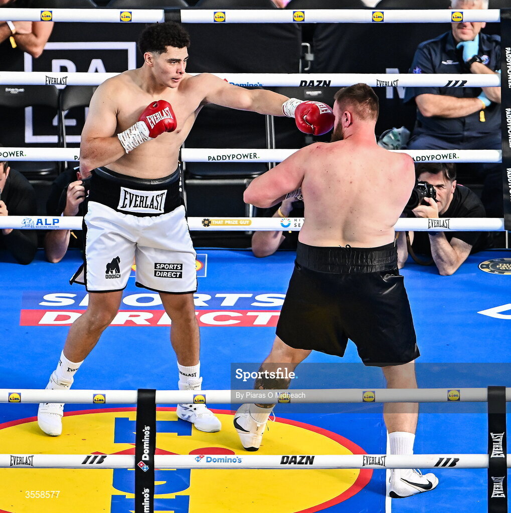 5 September 2026; Adam Olaniyan, left, and Matej Hudak during their heavyweight bout at the Once Upon A Time fight night in Croke Park, Dublin. Photo by Piaras O Midheach/Sportsfile