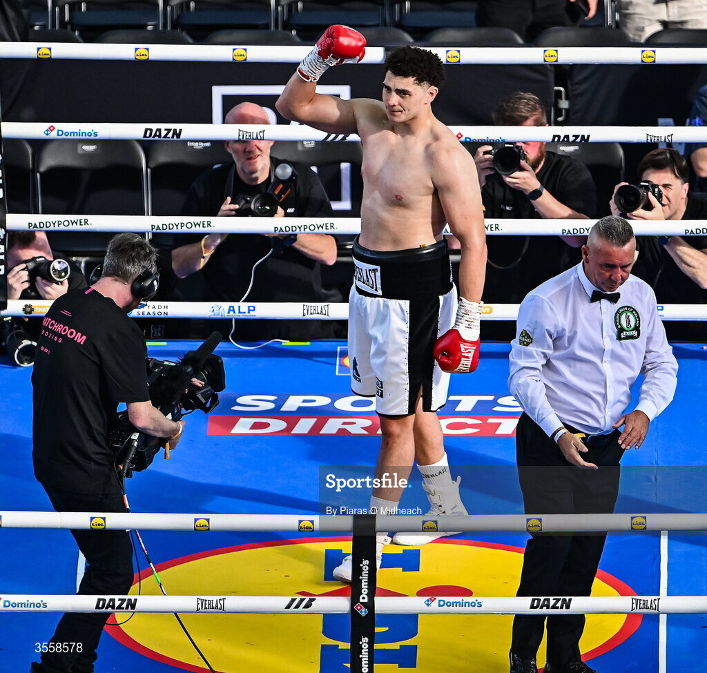 5 September 2026; Adam Olaniyan celebrates after being declared victorious in his heavyweight bout with Matej Hudak at the Once Upon A Time fight night in Croke Park, Dublin. Photo by Piaras O Midheach/Sportsfile