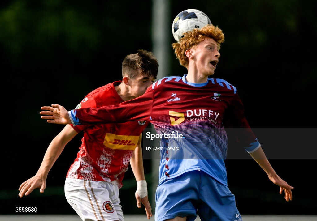 5 September 2026; Brian Tolan of Mervue United in action against Adam Deans of Lucan United during the FAI National League match between Lucan United and Mervue United at Copper Face Jacks Park in Dublin. Photo by Eakin Howard/Sportsfile