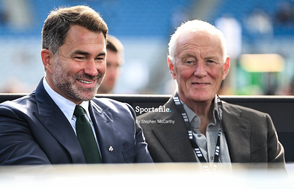 5 September 2026; Matchroom Boxing promoter Eddie Hearn, left, and his father and president of Matchroom Sport Barry Hearn ahead of the undisputed super lightweight championship fight between Katie Taylor and Flora Pili at the Once Upon A Time fight night in Croke Park, Dublin. Photo by Stephen McCarthy/Sportsfile