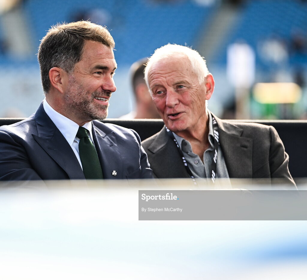 5 September 2026; Matchroom Boxing promoter Eddie Hearn, left, and his father and president of Matchroom Sport Barry Hearn ahead of the undisputed super lightweight championship fight between Katie Taylor and Flora Pili at the Once Upon A Time fight night in Croke Park, Dublin. Photo by Stephen McCarthy/Sportsfile
