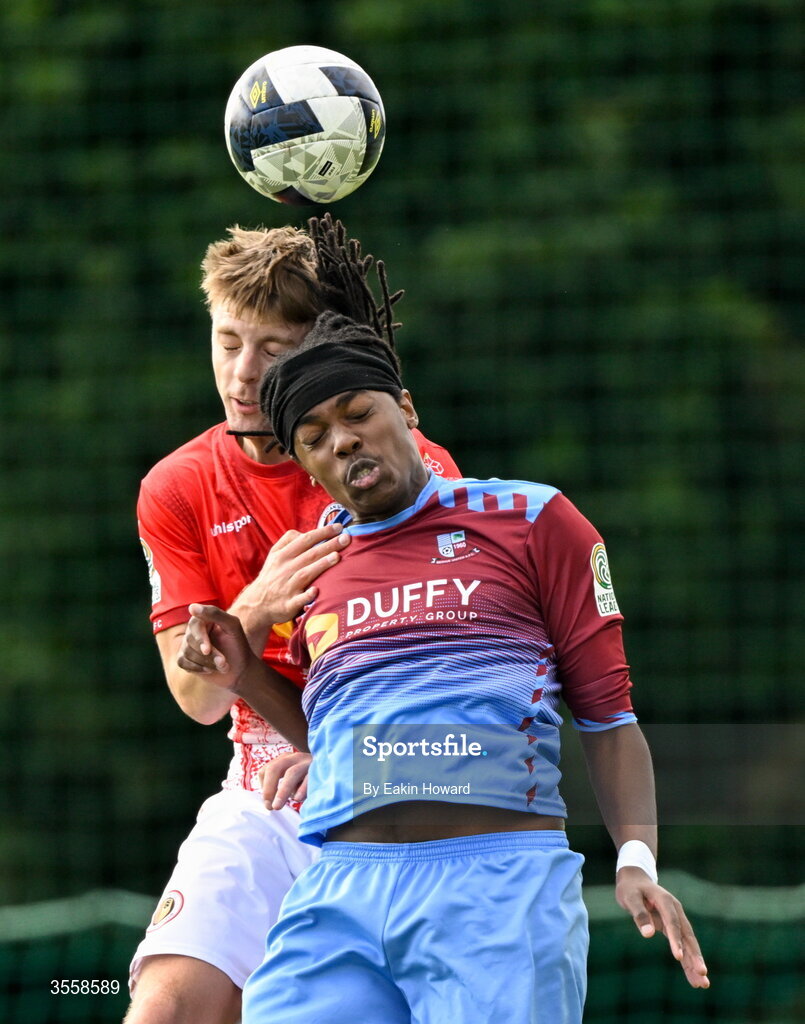 5 September 2026; Lewis Waweru of Mervue United in action against Dylan Hand of Lucan United during the FAI National League match between Lucan United and Mervue United at Copper Face Jacks Park in Dublin. Photo by Eakin Howard/Sportsfile