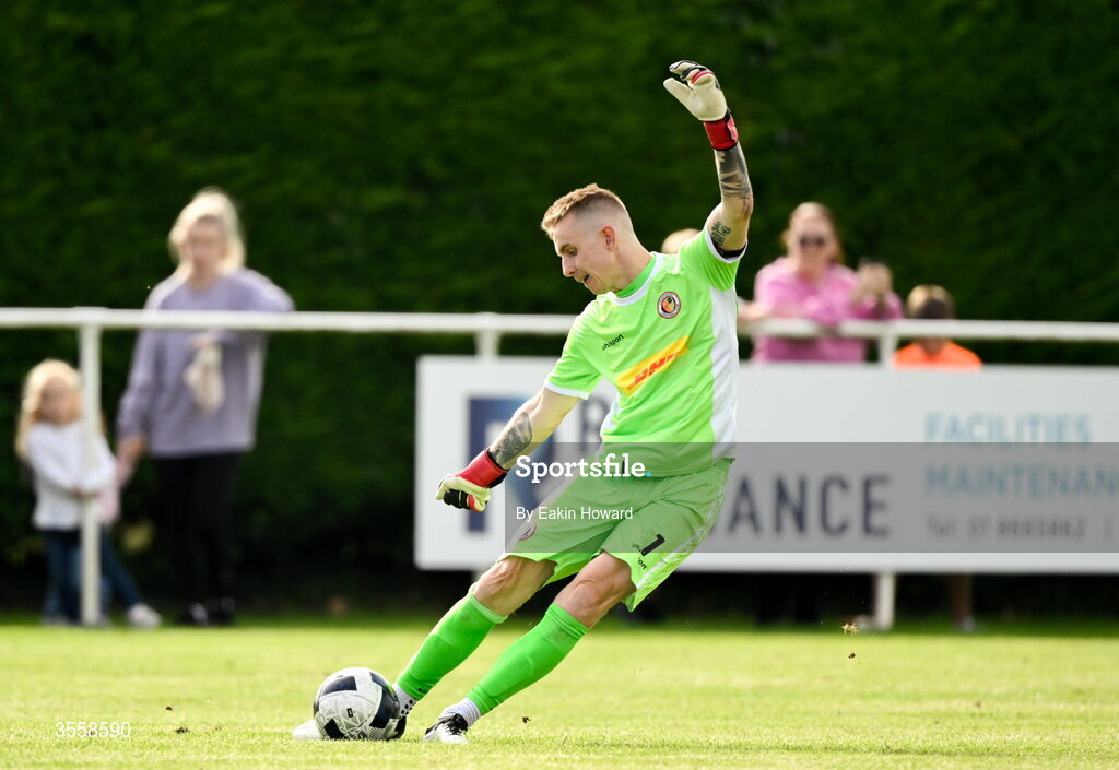 5 September 2026; Lucan United goalkeeper Craig Hyland clears the ball during the FAI National League match between Lucan United and Mervue United at Copper Face Jacks Park in Dublin. Photo by Eakin Howard/Sportsfile