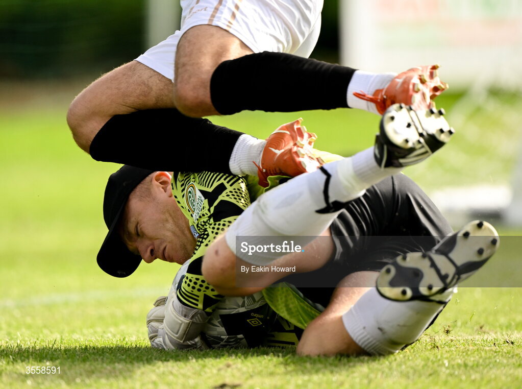 5 September 2026; Mervue United goalkeeper Peter Healy makes a save against Taylor Mooney of Lucan United during the FAI National League match between Lucan United and Mervue United at Copper Face Jacks Park in Dublin. Photo by Eakin Howard/Sportsfile