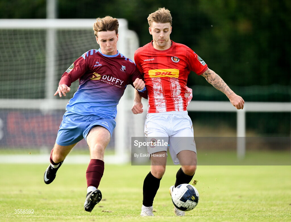 5 September 2026; Dylan Hand of Lucan United in action against Charlie Concannon of Mervue United during the FAI National League match between Lucan United and Mervue United at Copper Face Jacks Park in Dublin. Photo by Eakin Howard/Sportsfile
