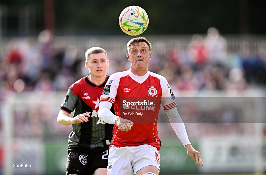 5 September 2026; Chris Forrester of St Patrick's Athletic in action against Ross Tierney of Bohemians during the Club Orange Men’s FAI Cup quarter-final match between St Patrick's Athletic and Bohemians at Richmond Park in Dublin. Photo by Seb Daly/Sportsfile