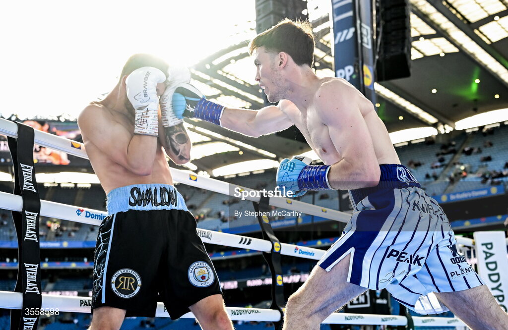 5 September 2026; Bobbi Flood, right, and Jack Swallow during their super welterweight bout at the Once Upon A Time fight night in Croke Park, Dublin. Photo by Stephen McCarthy/Sportsfile