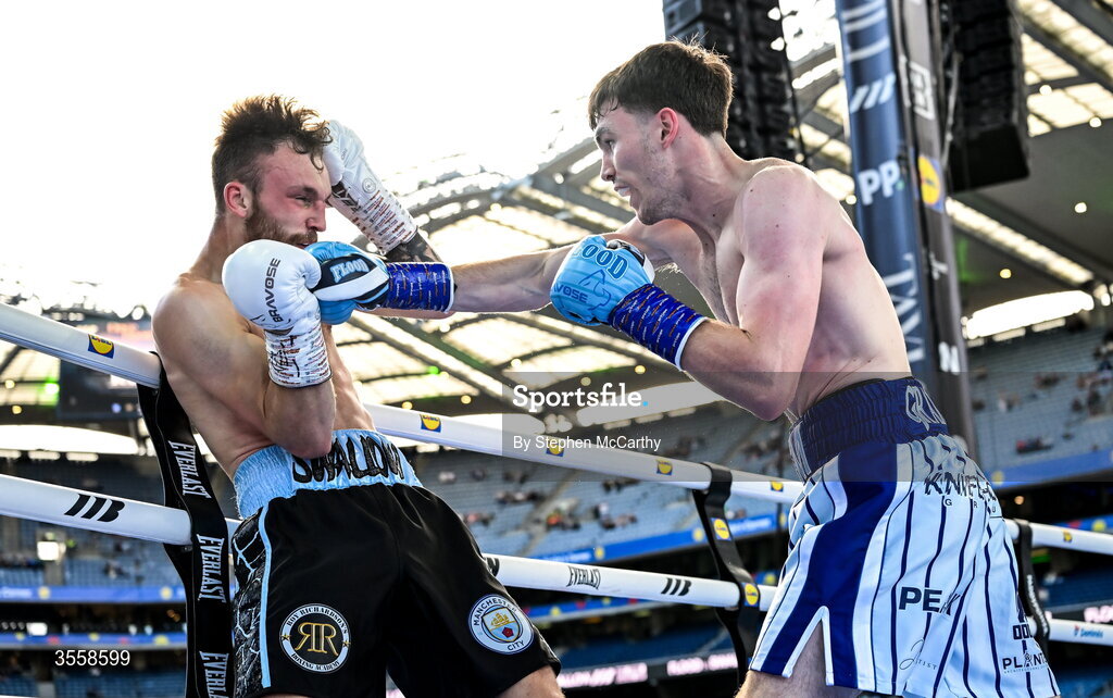 5 September 2026; Bobbi Flood, right, and Jack Swallow during their super welterweight bout at the Once Upon A Time fight night in Croke Park, Dublin. Photo by Stephen McCarthy/Sportsfile