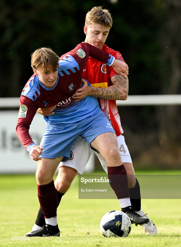 5 September 2026; Darragh McNamara of Mervue United in action against Dylan Hand of Lucan United during the FAI National League match between Lucan United and Mervue United at Copper Face Jacks Park in Dublin. Photo by Eakin Howard/Sportsfile