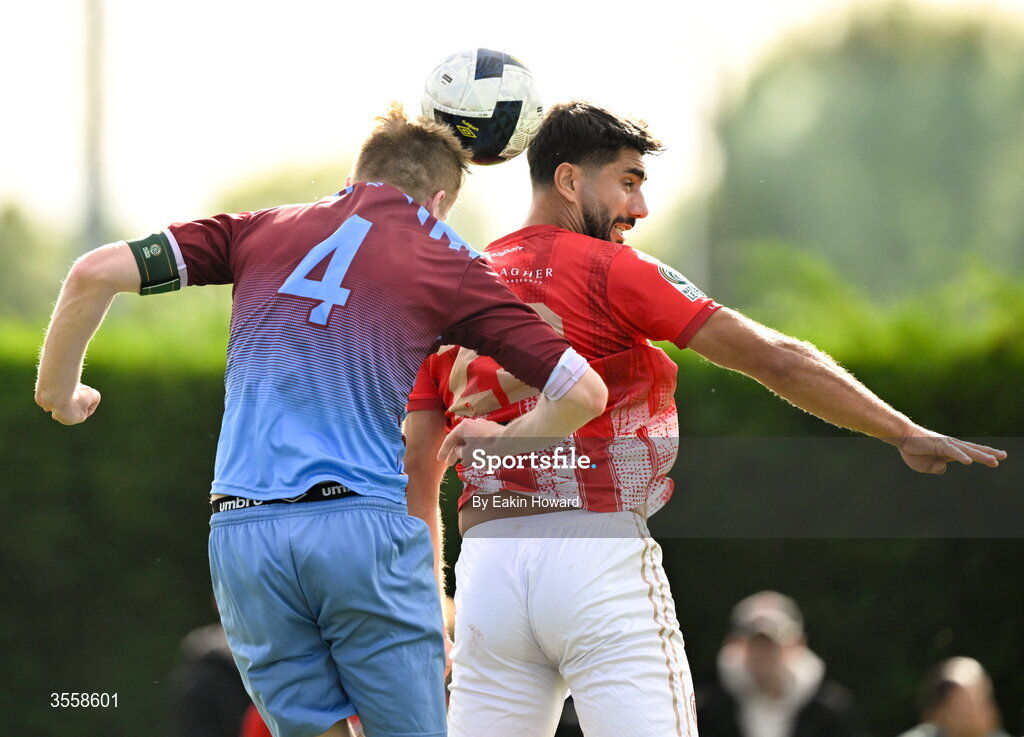 5 September 2026; Liam Murray of Mervue United in action against Adrian Mihutescu of Lucan United during the FAI National League match between Lucan United and Mervue United at Copper Face Jacks Park in Dublin. Photo by Eakin Howard/Sportsfile