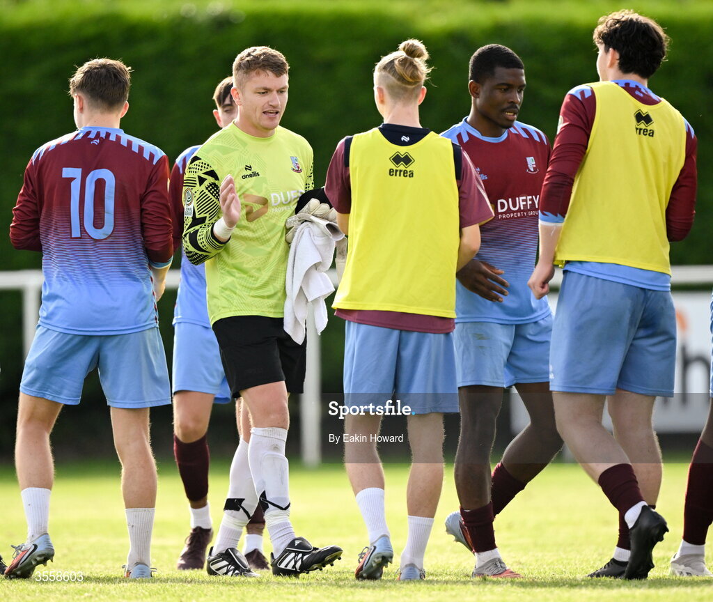 5 September 2026; Mervue United goalkeeper Peter Healy celebrates with teammates after the FAI National League match between Lucan United and Mervue United at Copper Face Jacks Park in Dublin. Photo by Eakin Howard/Sportsfile