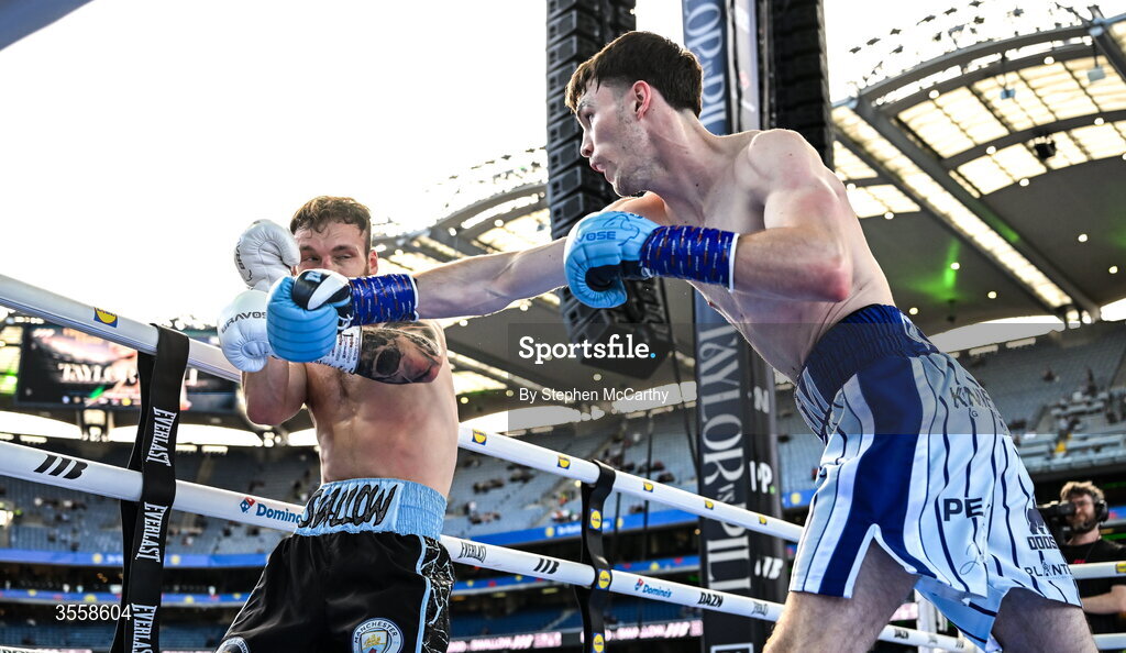 5 September 2026; Bobbi Flood, right, and Jack Swallow during their super welterweight bout at the Once Upon A Time fight night in Croke Park, Dublin. Photo by Stephen McCarthy/Sportsfile
