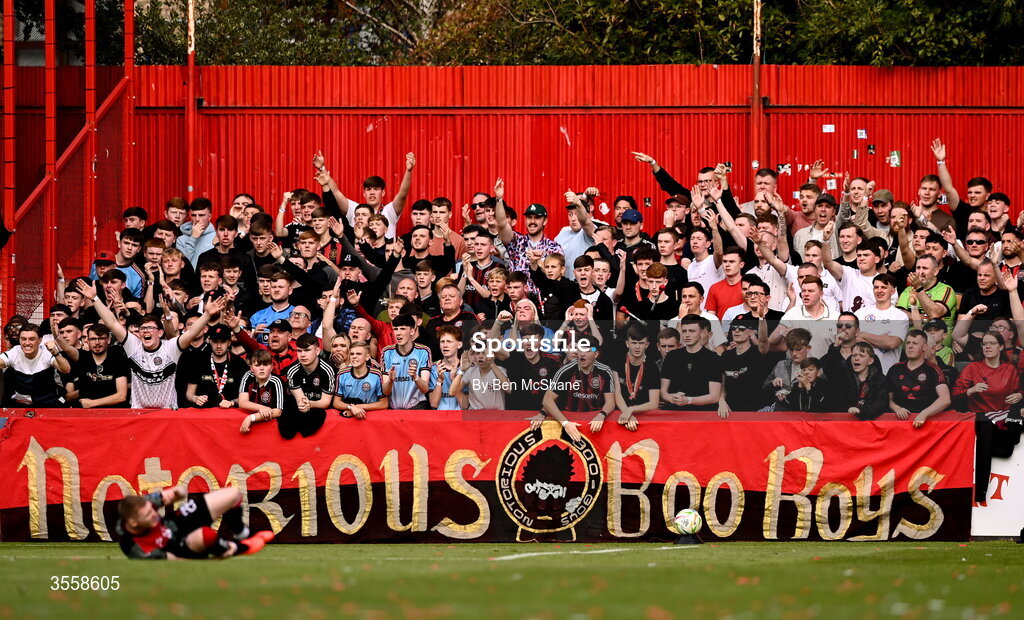 5 September 2026; Bohemians supporters react during the Club Orange Men’s FAI Cup quarter-final match between St Patrick's Athletic and Bohemians at Richmond Park in Dublin. Photo by Ben McShane/Sportsfile