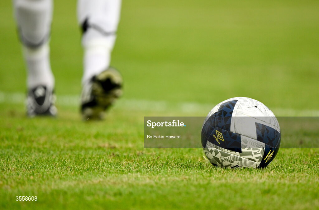 5 September 2026; The game ball sits on the pitch during the FAI National League match between Lucan United and Mervue United at Copper Face Jacks Park in Dublin. Photo by Eakin Howard/Sportsfile