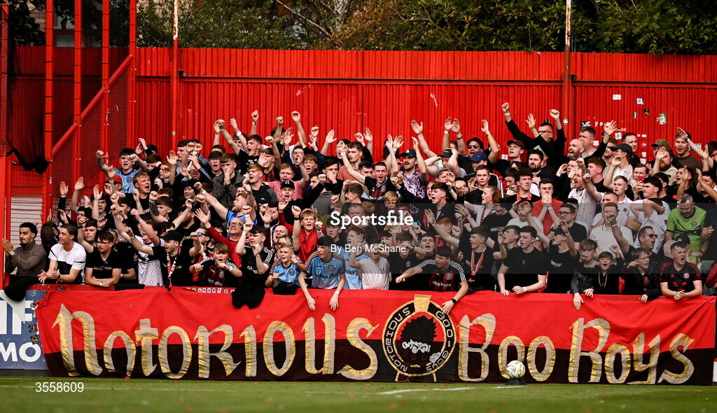5 September 2026; Bohemians supporters react during the Club Orange Men’s FAI Cup quarter-final match between St Patrick's Athletic and Bohemians at Richmond Park in Dublin. Photo by Ben McShane/Sportsfile
