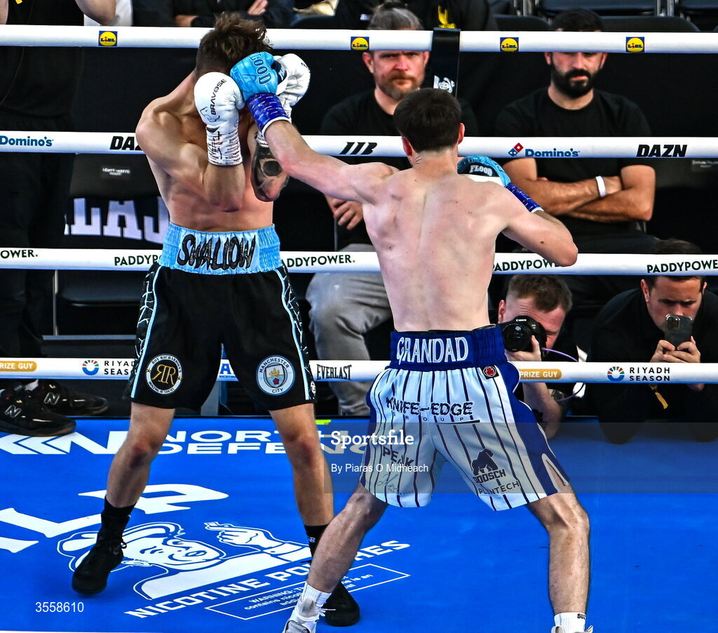 5 September 2026; Bobbi Flood, right, and Jack Swallow during their super welterweight bout at the Once Upon A Time fight night in Croke Park, Dublin. Photo by Piaras O Midheach/Sportsfile