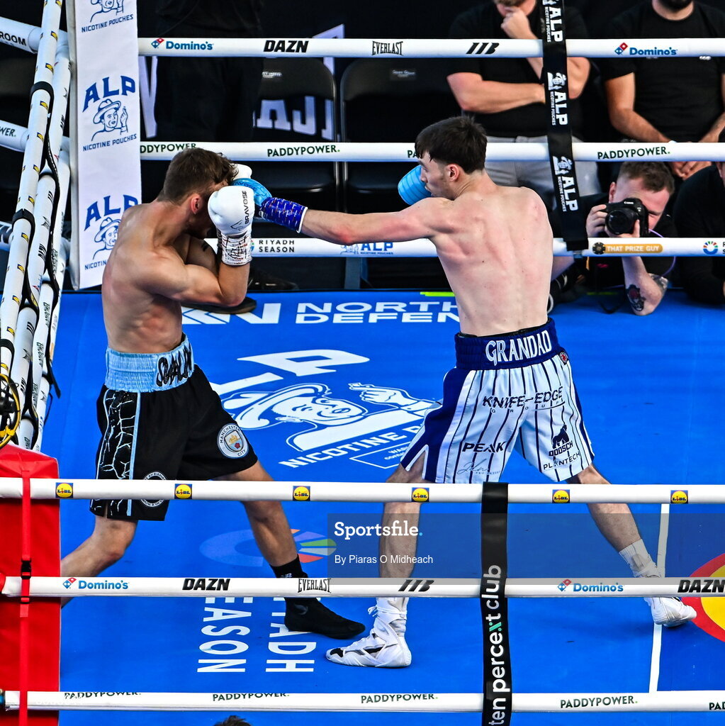 5 September 2026; Bobbi Flood, right, and Jack Swallow during their super welterweight bout at the Once Upon A Time fight night in Croke Park, Dublin. Photo by Piaras O Midheach/Sportsfile