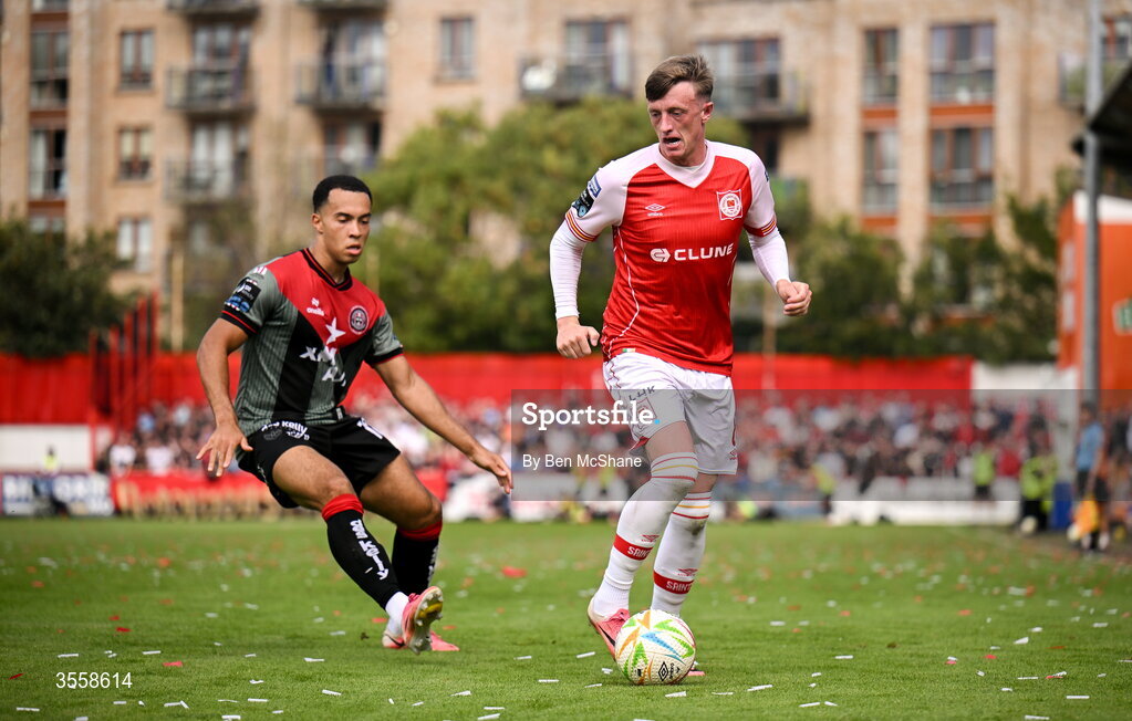 5 September 2026; Chris Forrester of St Patrick's Athletic in action against Douglas James-Taylor of Bohemians during the Club Orange Men’s FAI Cup quarter-final match between St Patrick's Athletic and Bohemians at Richmond Park in Dublin. Photo by Ben McShane/Sportsfile