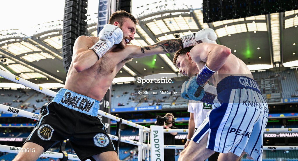 5 September 2026; Bobbi Flood, right, and Jack Swallow during their super welterweight bout at the Once Upon A Time fight night in Croke Park, Dublin. Photo by Stephen McCarthy/Sportsfile