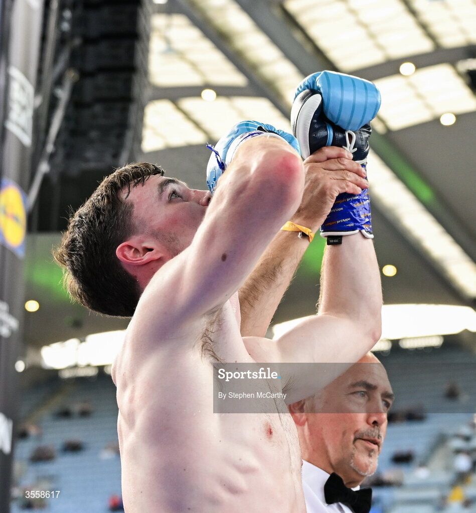 5 September 2026; Bobbi Flood celebrates after being declared victorious in his super welterweight bout with Jack Swallow at the Once Upon A Time fight night in Croke Park, Dublin. Photo by Stephen McCarthy/Sportsfile