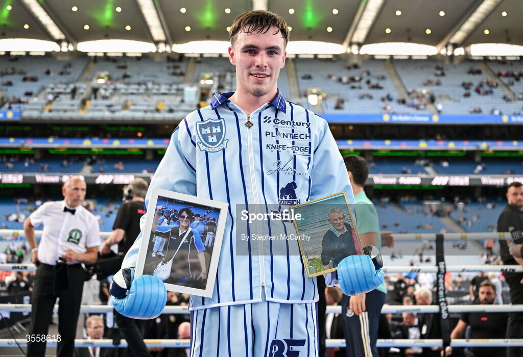 5 September 2026; Bobbi Flood after being declared victorious in his super welterweight bout with Jack Swallow at the Once Upon A Time fight night in Croke Park, Dublin. Photo by Stephen McCarthy/Sportsfile