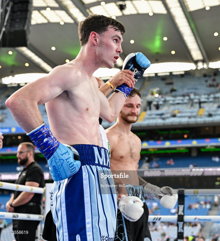 5 September 2026; Bobbi Flood after being declared victorious in his super welterweight bout with Jack Swallow at the Once Upon A Time fight night in Croke Park, Dublin. Photo by Stephen McCarthy/Sportsfile