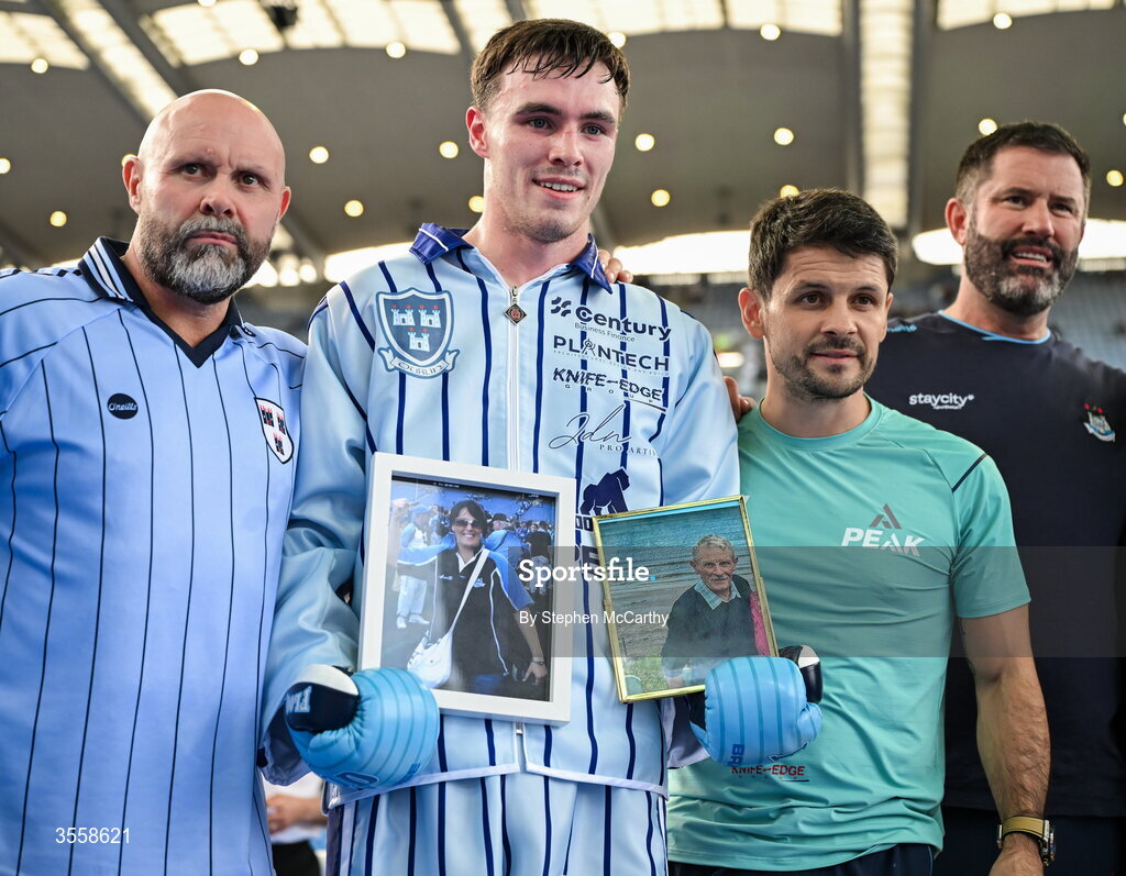 5 September 2026; Bobbi Flood with his team after being declared victorious in his super welterweight bout with Jack Swallow at the Once Upon A Time fight night in Croke Park, Dublin. Photo by Stephen McCarthy/Sportsfile