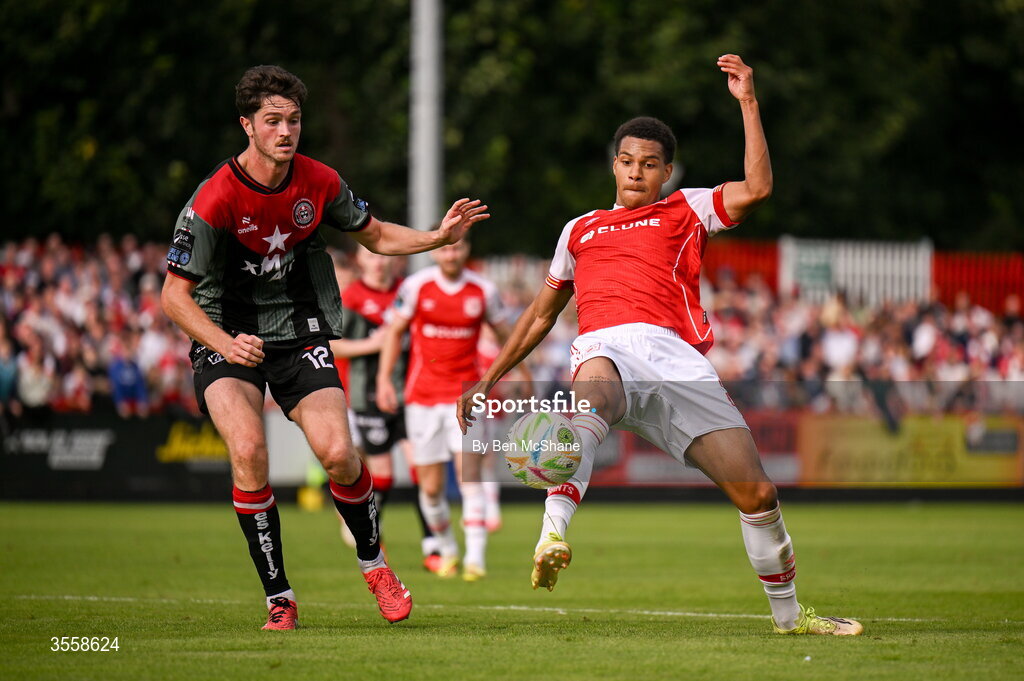 5 September 2026; Anthony Olusanya of St Patrick's Athletic in action against Patrick Hickey of Bohemians during the Club Orange Men’s FAI Cup quarter-final match between St Patrick's Athletic and Bohemians at Richmond Park in Dublin. Photo by Ben McShane/Sportsfile