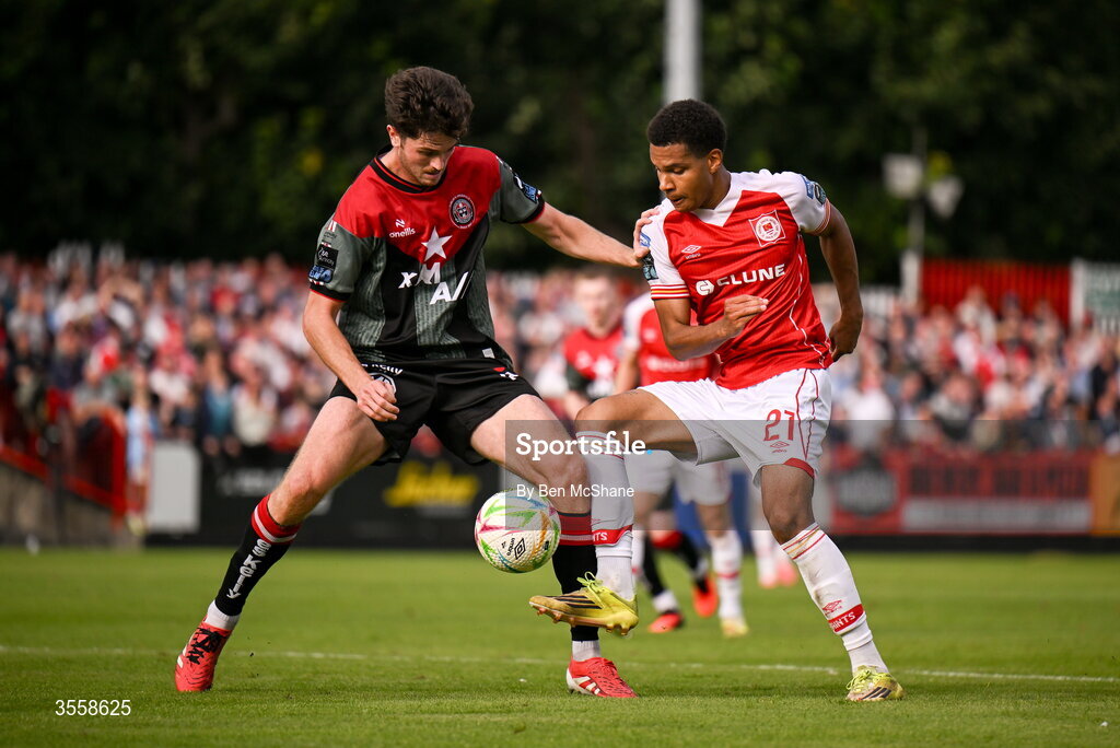 5 September 2026; Anthony Olusanya of St Patrick's Athletic in action against Patrick Hickey of Bohemians during the Club Orange Men’s FAI Cup quarter-final match between St Patrick's Athletic and Bohemians at Richmond Park in Dublin. Photo by Ben McShane/Sportsfile