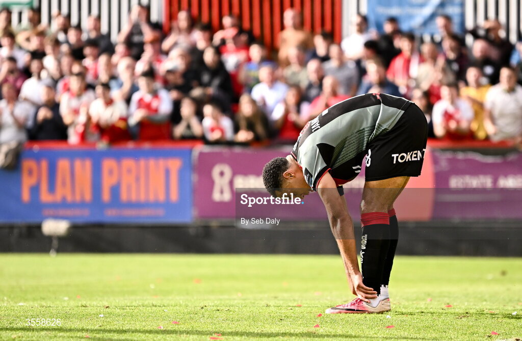 5 September 2026; Douglas James-Taylor of Bohemians reacts after failing to convert a chance on goal during the Club Orange Men’s FAI Cup quarter-final match between St Patrick's Athletic and Bohemians at Richmond Park in Dublin. Photo by Seb Daly/Sportsfile