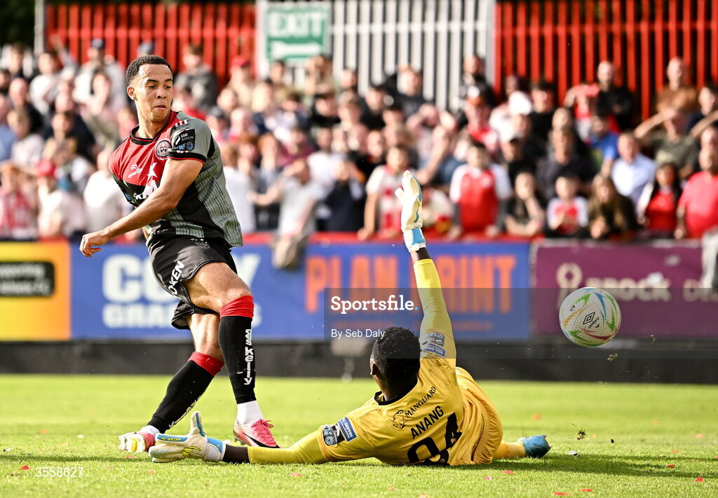 5 September 2026; Douglas James-Taylor of Bohemians has his shot on goal saved by St Patrick's Athletic goalkeeper Joseph Anang during the Club Orange Men’s FAI Cup quarter-final match between St Patrick's Athletic and Bohemians at Richmond Park in Dublin. Photo by Seb Daly/Sportsfile