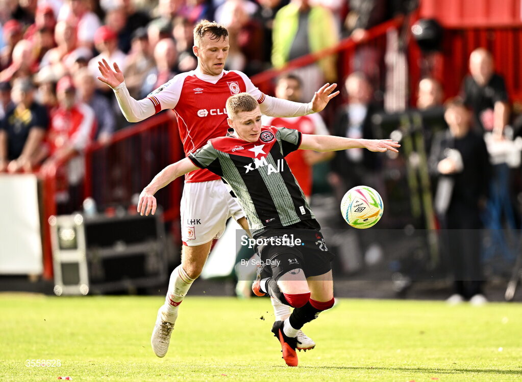 5 September 2026; Ross Tierney of Bohemians in action against Jamie Lennon of St Patrick's Athletic during the Club Orange Men’s FAI Cup quarter-final match between St Patrick's Athletic and Bohemians at Richmond Park in Dublin. Photo by Seb Daly/Sportsfile