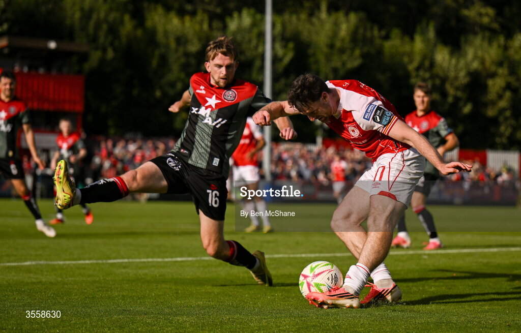 5 September 2026; Jason McClelland of St Patrick's Athletic in action against Darragh Power of Bohemians during the Club Orange Men’s FAI Cup quarter-final match between St Patrick's Athletic and Bohemians at Richmond Park in Dublin. Photo by Ben McShane/Sportsfile
