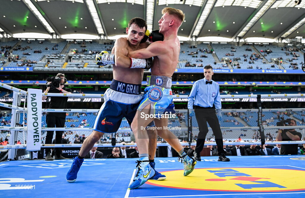 5 September 2026; Joe McGrail, left, and Matthew Boreland during their WBA continental gold super bantamweight bout at the Once Upon A Time fight night in Croke Park, Dublin. Photo by Stephen McCarthy/Sportsfile