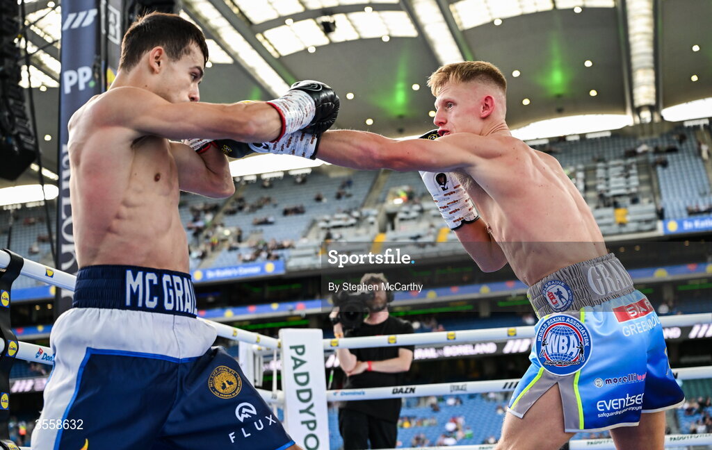 5 September 2026; Matthew Boreland, right, and Joe McGrail during their WBA continental gold super bantamweight bout at the Once Upon A Time fight night in Croke Park, Dublin. Photo by Stephen McCarthy/Sportsfile